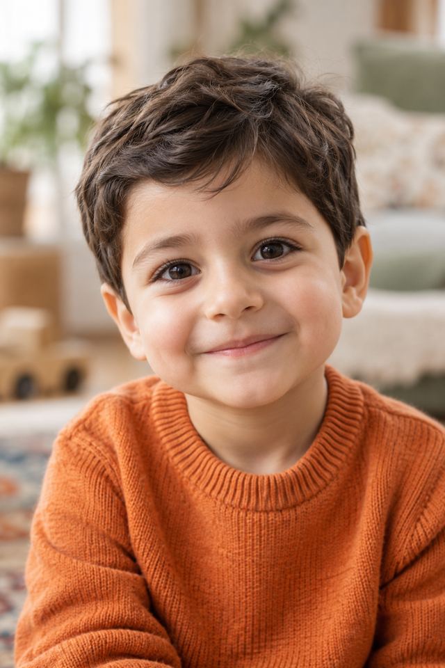 پسربچه خندان با بلوز نارنجی
