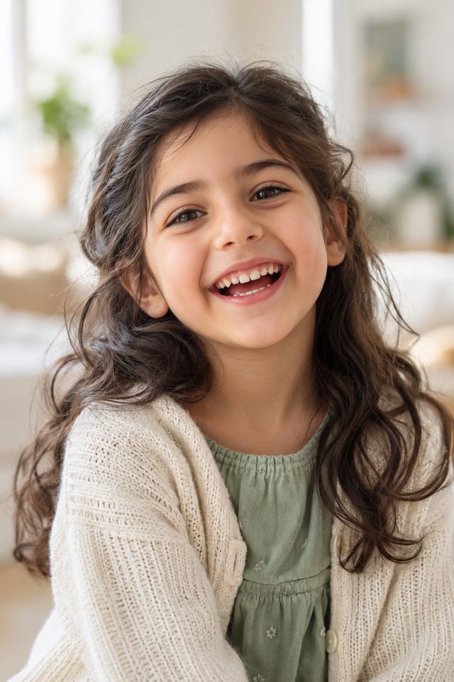 دختربچه‌ای خندان با موهای موج‌دار